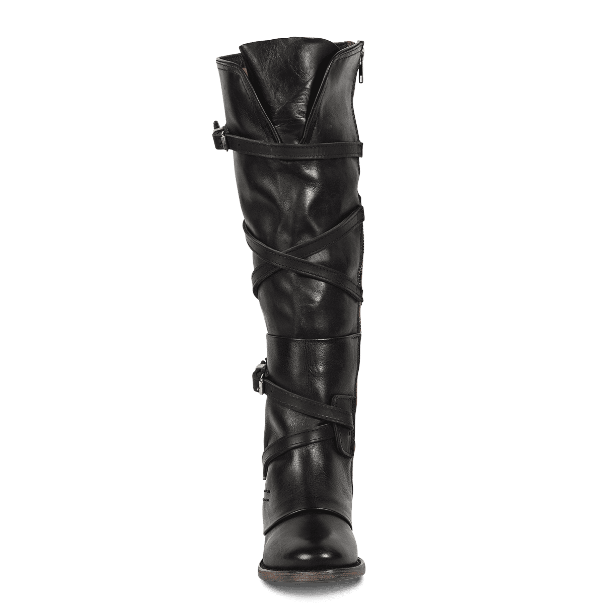 Front view showing crisscrossing leather shaft straps with silver hardware on FREEBIRD women's Cassius black tall leather boot