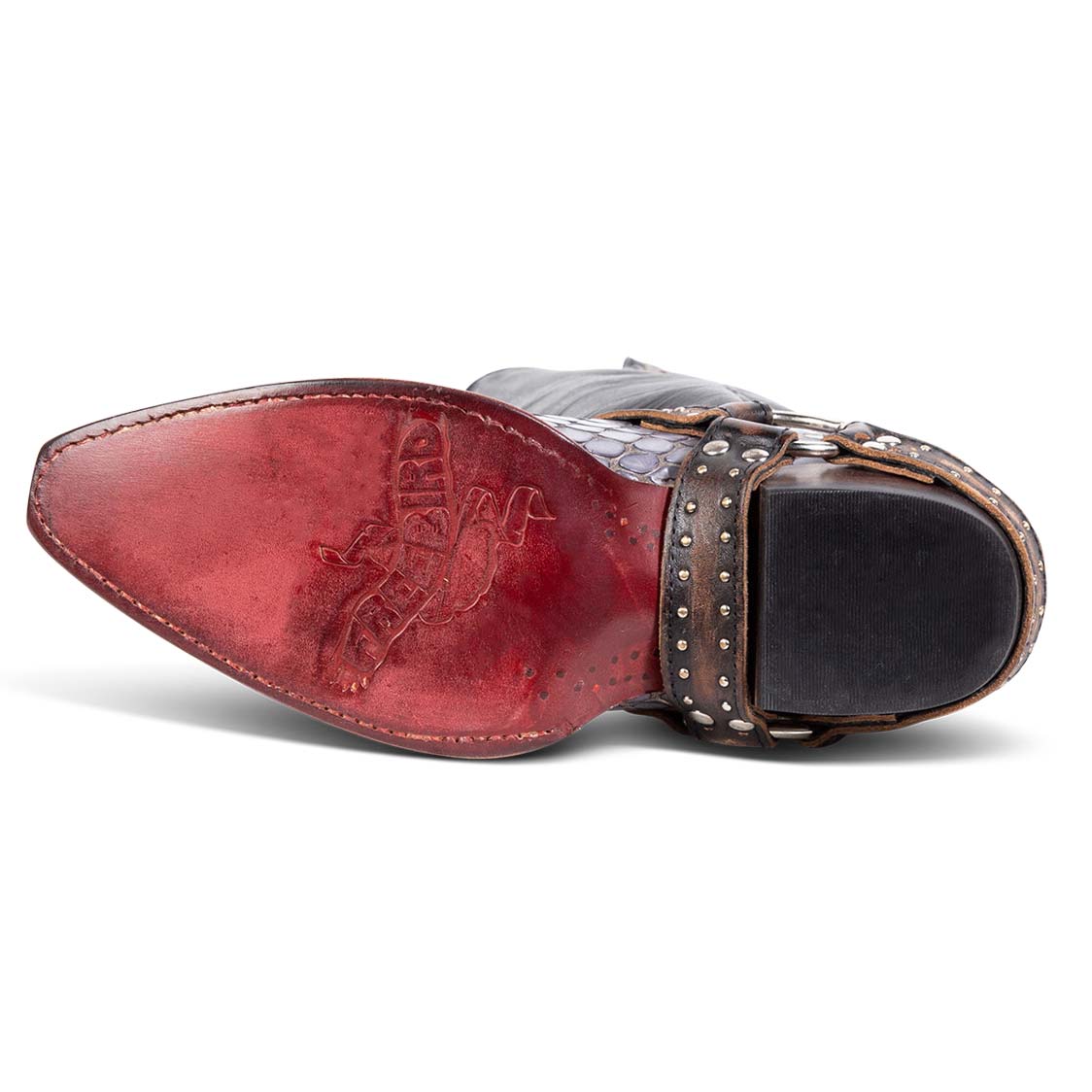 Red leather sole imprinted with FREEBIRD on women's Lusitano navy croco multi boot