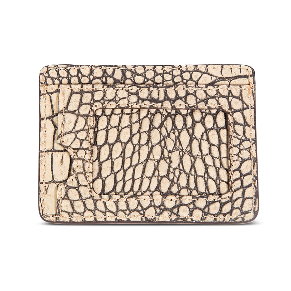 Back view showing clear card case on FREEBIRD CC Wallet taupe croco