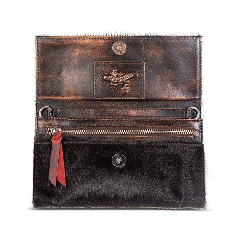 Interior zip closure pocket and magnetic clasp on FREEBIRD Lola black clutch 