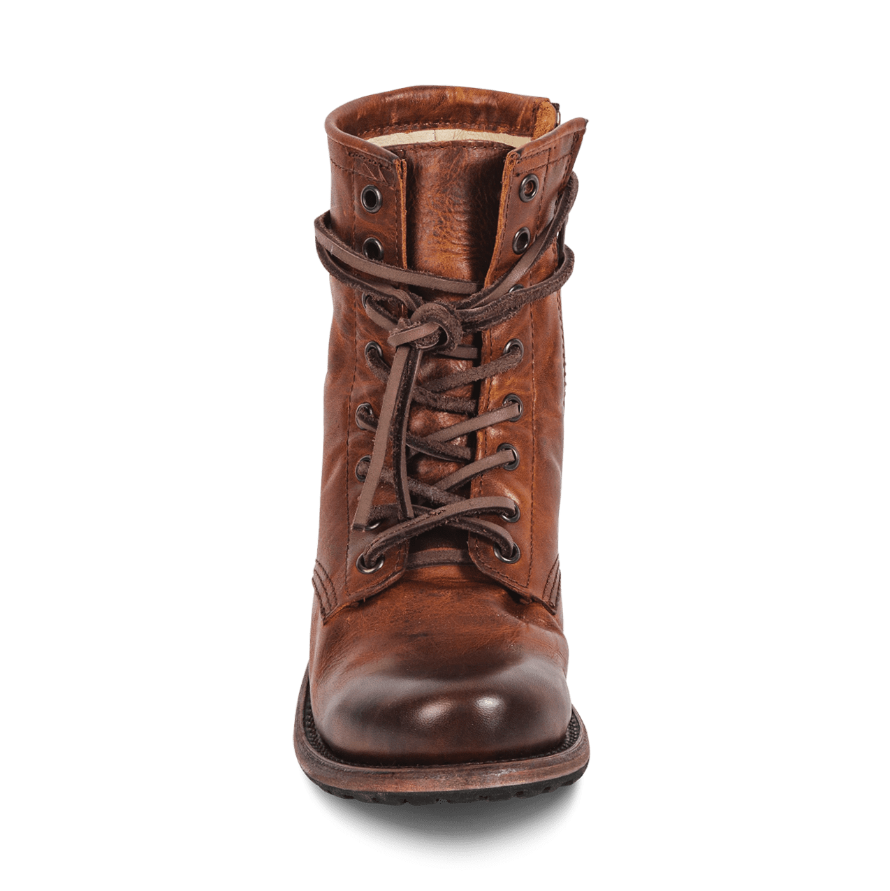 Front view showing adjustable leather lace closure on FREEBIRD women's Manchester cognac combat boot