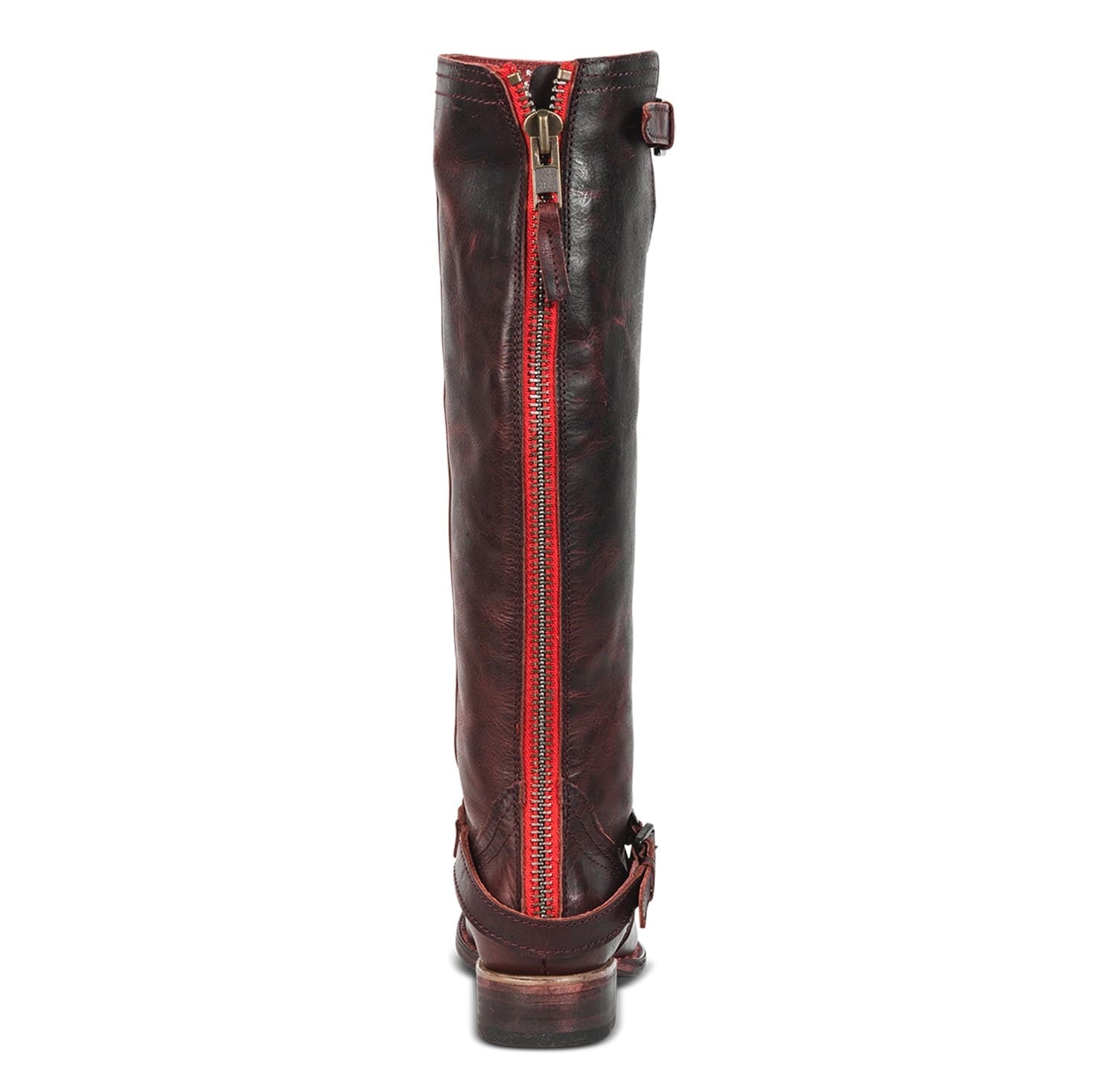 Back view showing working red tracked zipper with pull tab on FREEBIRD women's Roadey wine tall leather boot 