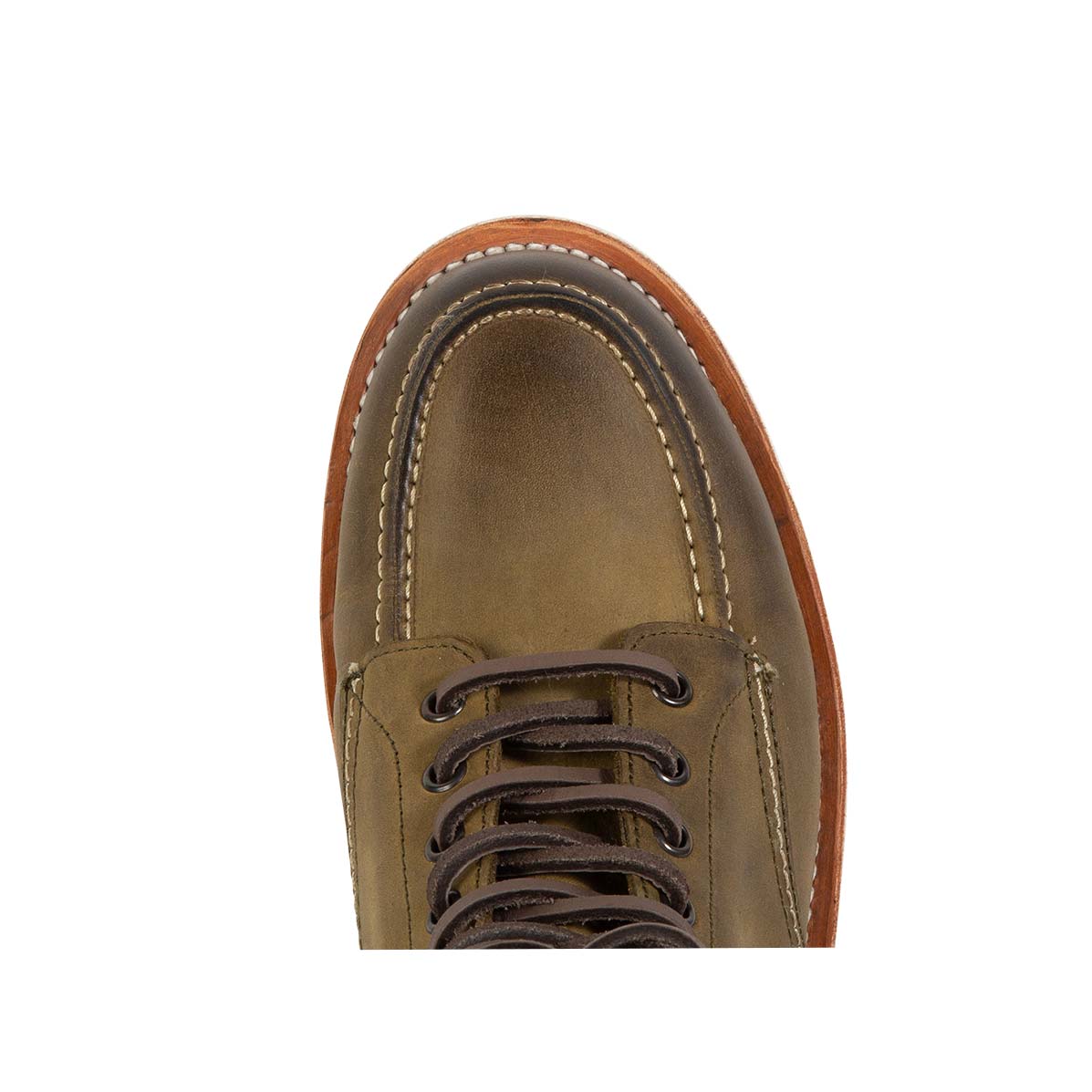 Top view showing round toe and leather lacing on FREEBIRD men's Carbon olive shoe