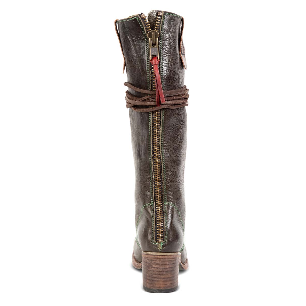 Back view showing brass zip closure and red leather pull tab on FREEBIRD women's Grany olive tall boot