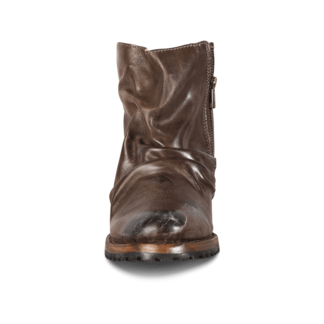 Front view showing gathered leather detailing on FREEBIRD men's Beck stone ankle boot