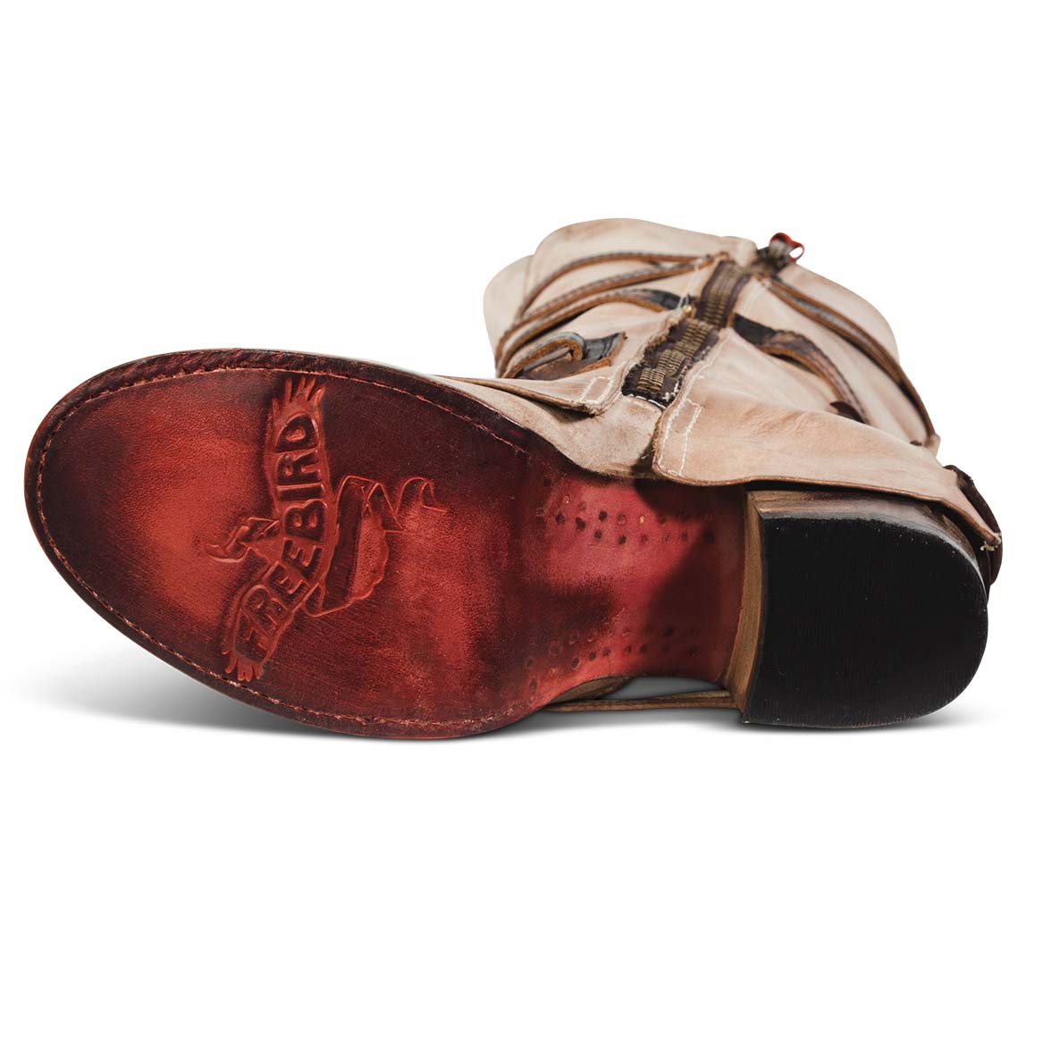 Leather sole imprinted with FREEBIRD on women's Cassius beige multi tall leather boot