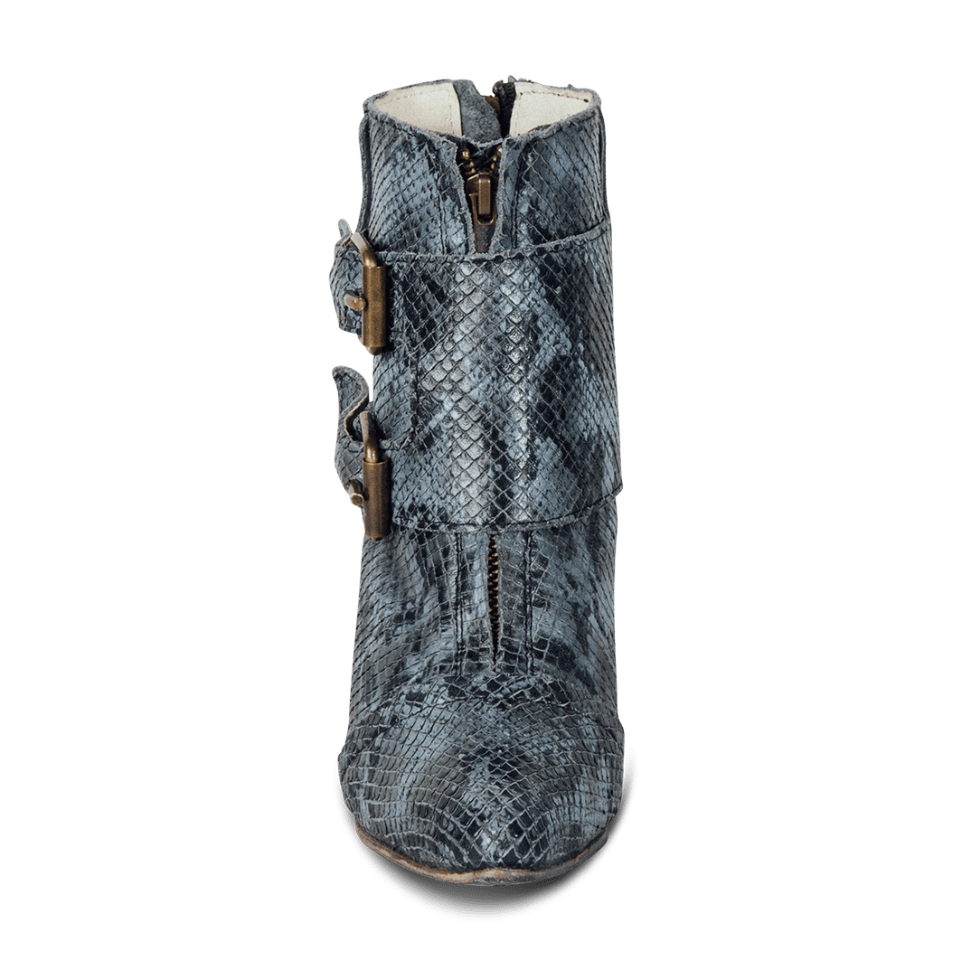 Front view showing overlay with working front brass zip closure on FREEBIRD women's Joey blue multi leather bootie
