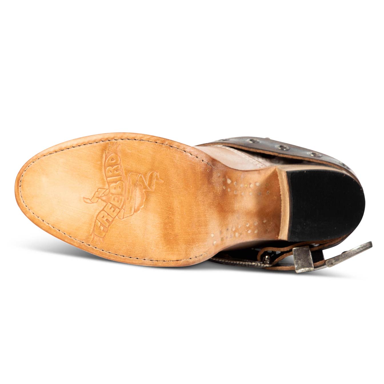 Leather sole imprinted with FREEBIRD on women's Saloon taupe bootie