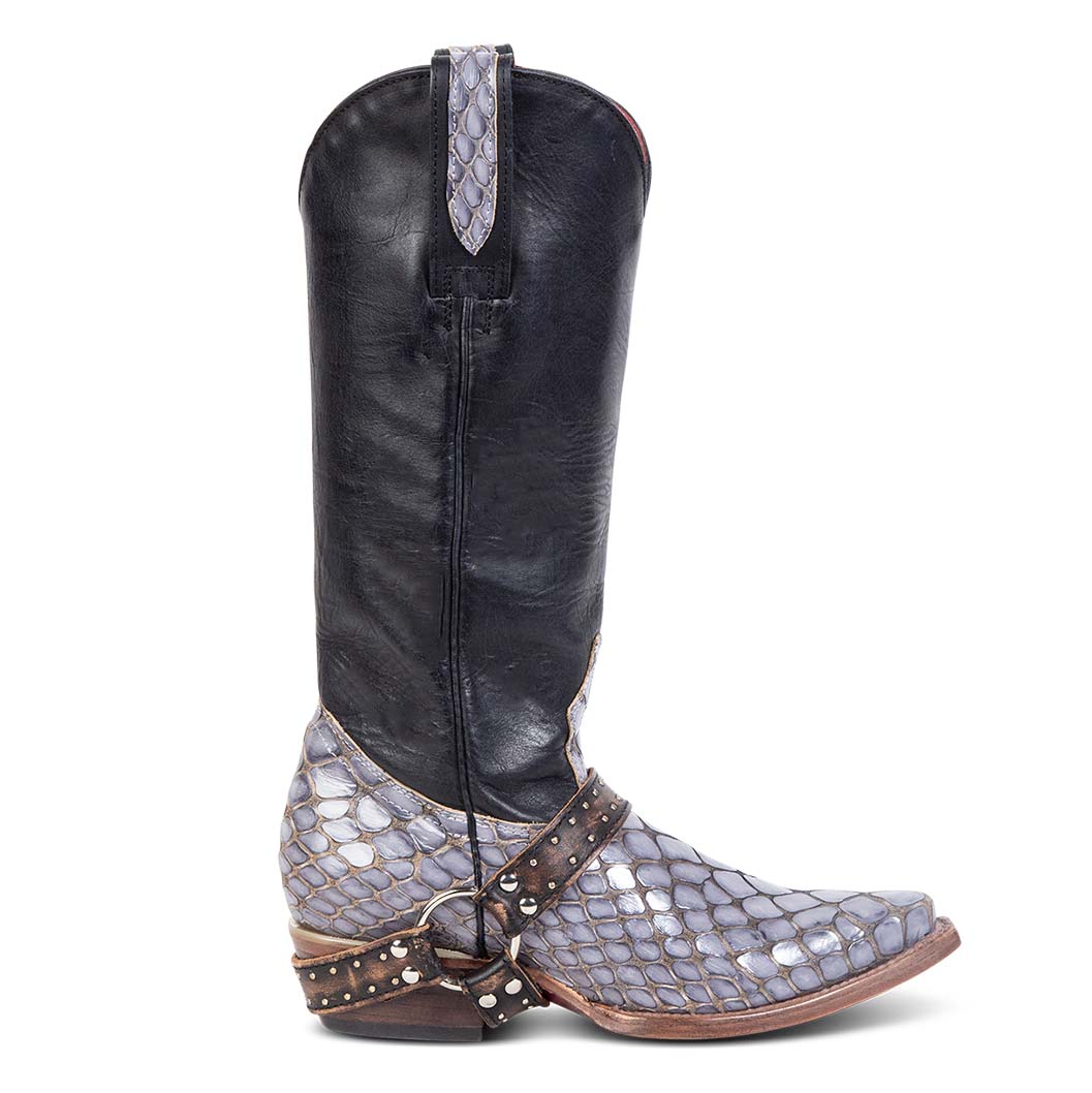 FREEBIRD women's Lusitano navy croco multi western boot with embellished harness and snip toe