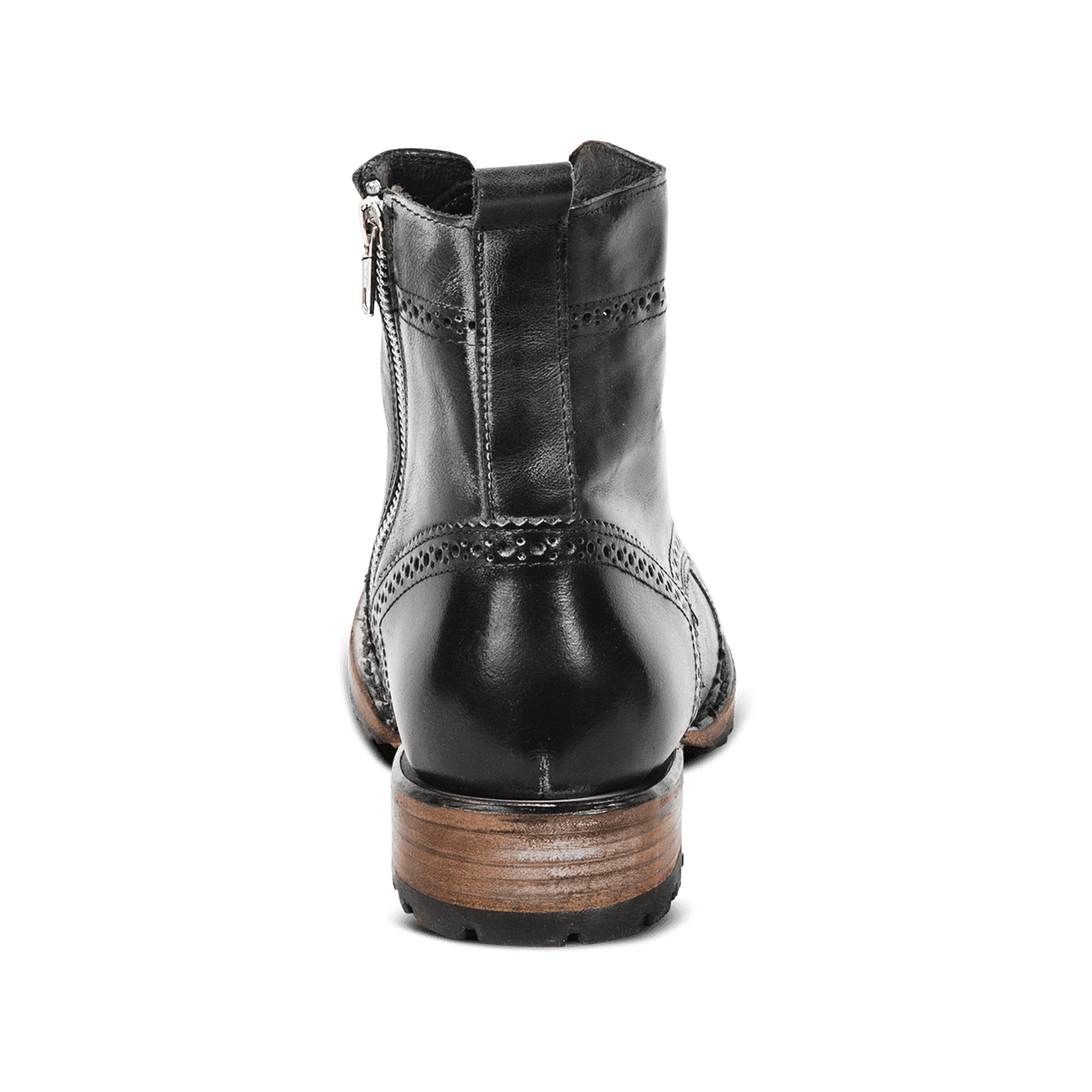 Back view showing leather pull tab and wood wrapped heel with rubber cap on FREEBIRD mens Bradford black boot