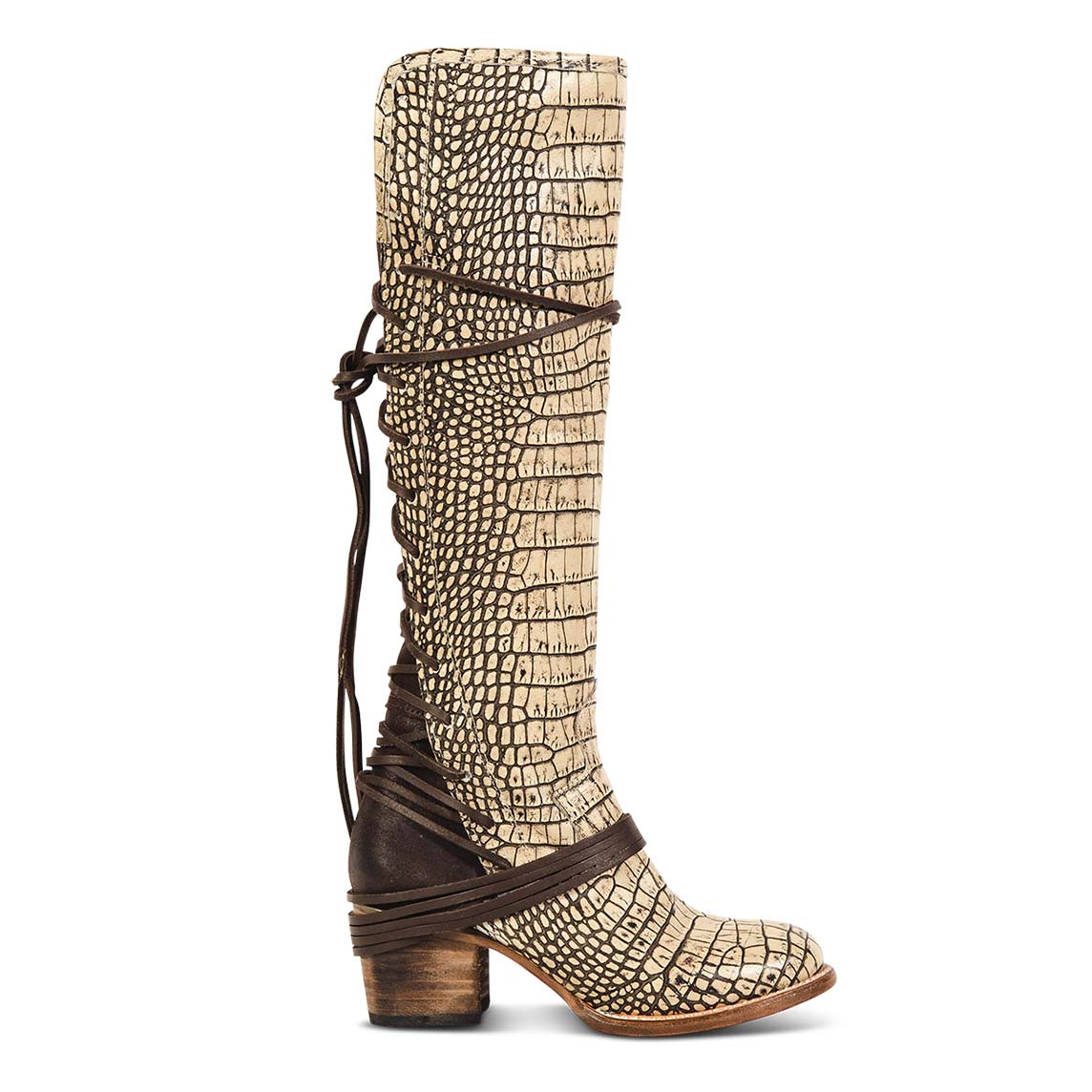 FREEBIRD women’s Coal beige croco leather knee high adjustable back lacing boot