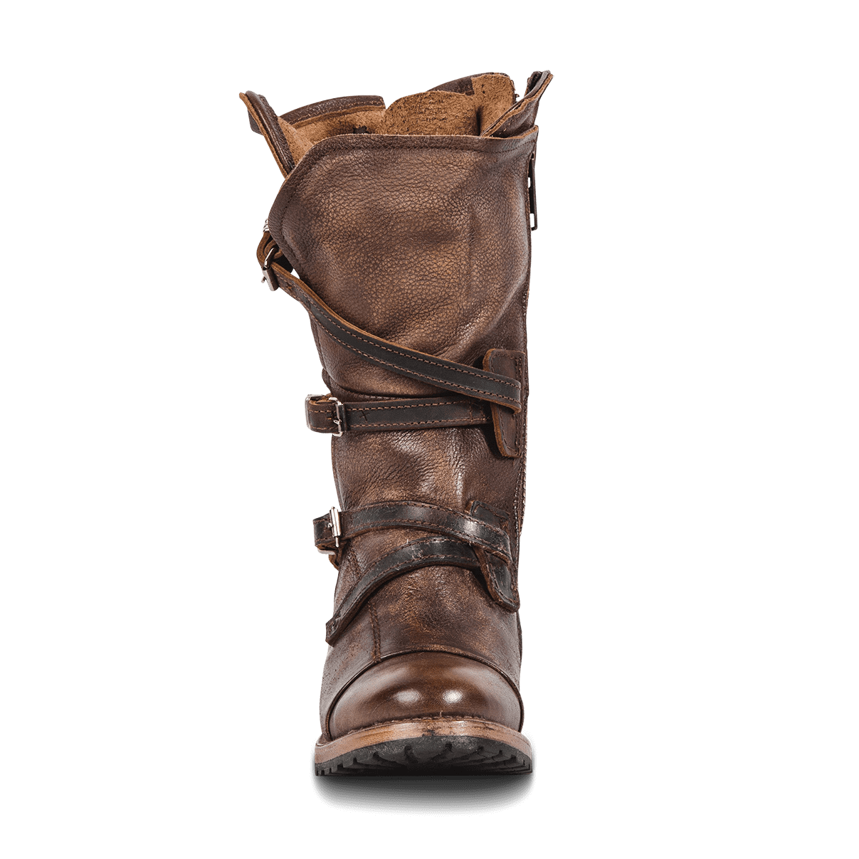 Front view showing a relaxed silhouette and adjustable leather straps with silver hardware on FREEBIRD women's Cora brown leather boot