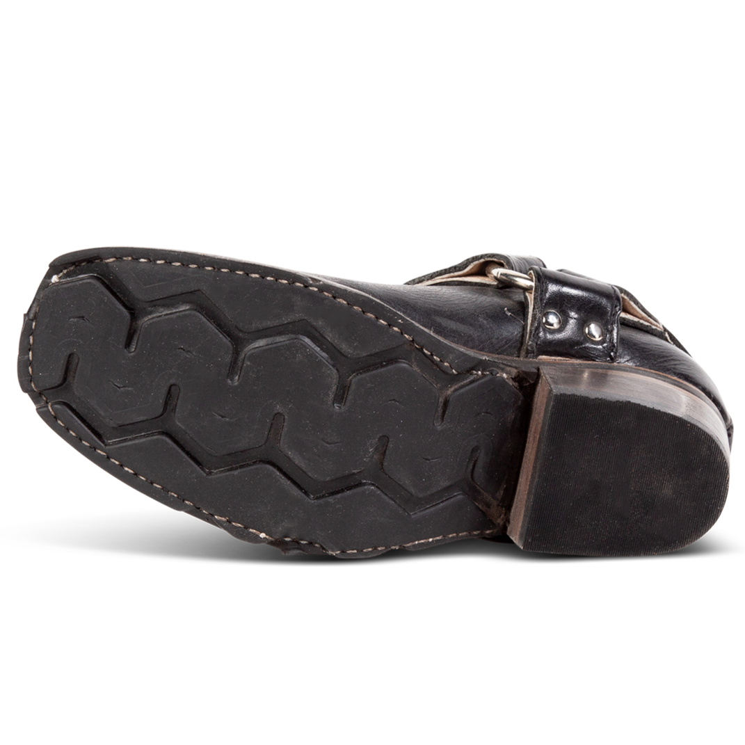 Tire tread sole on FREEBIRD women's Whiskey black ankle bootie
