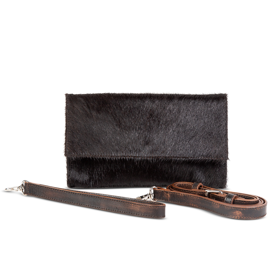 FREEBIRD lola black clutch with interchangeable wrist strap and adjustable cross-body strap and multiple interior pockets 