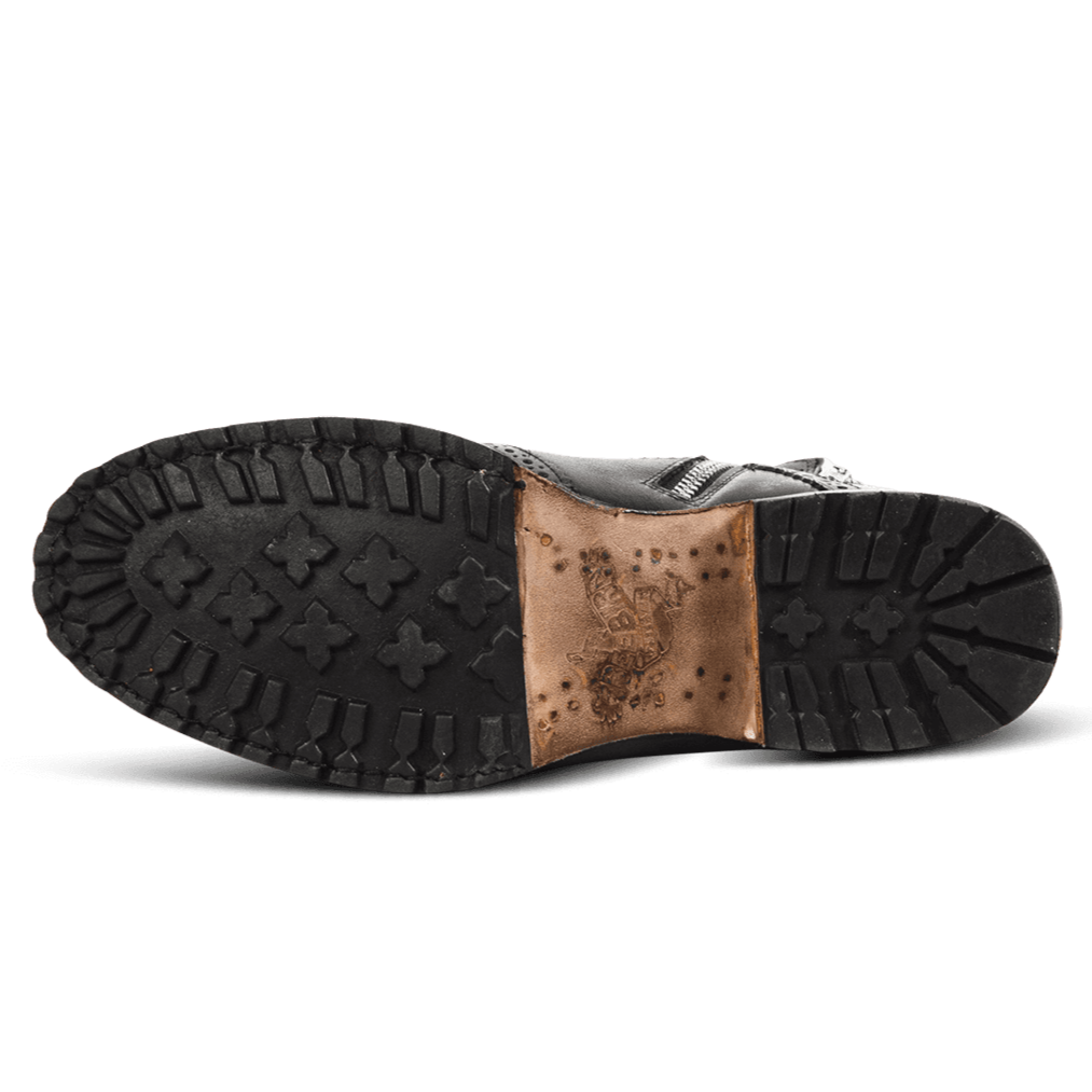 Leather sole with rubber tread imprinted with FREEBIRD  on Bradford black leather mens boot