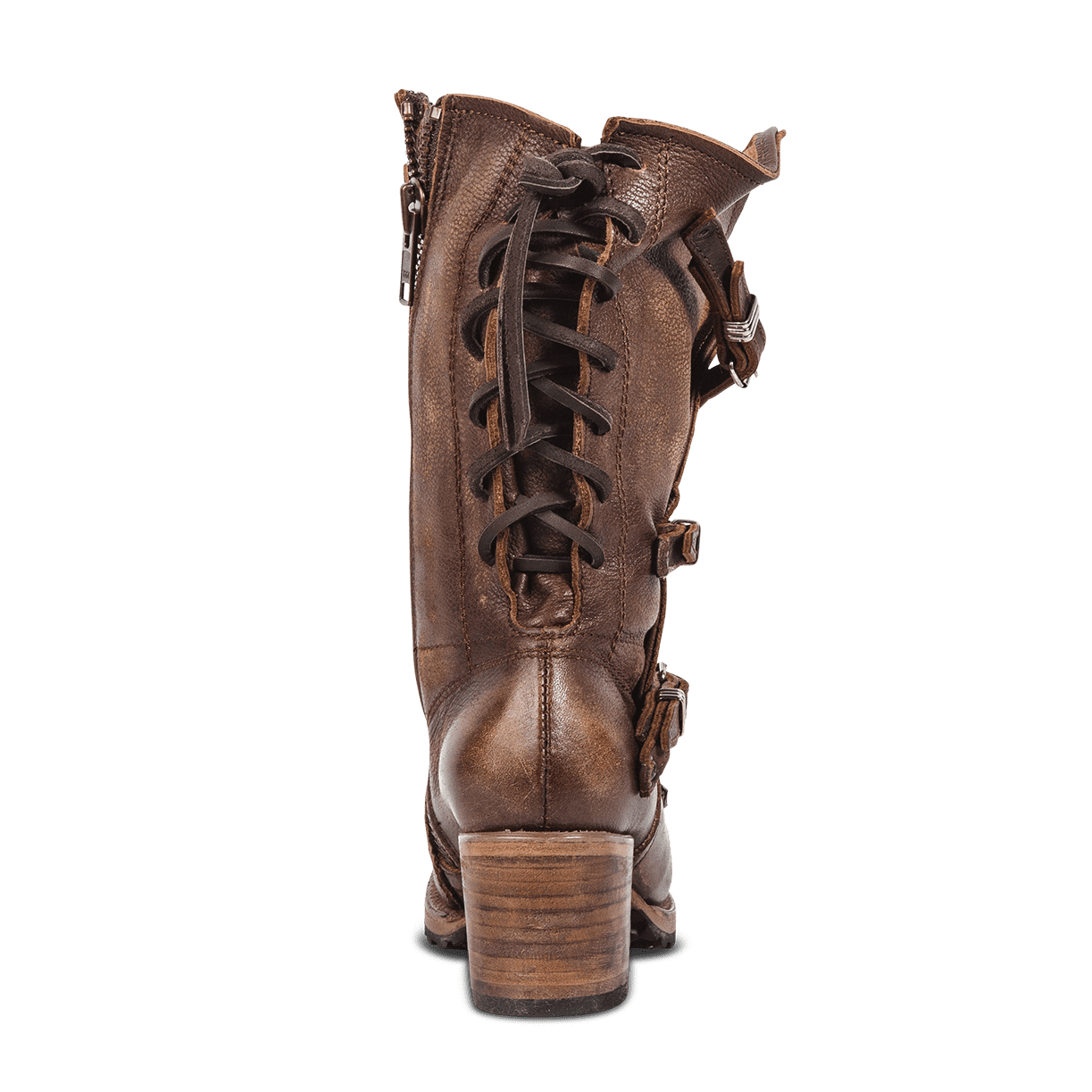 Back view showing adjustable leather lacing on FREEBIRD women's Cora brown leather boot