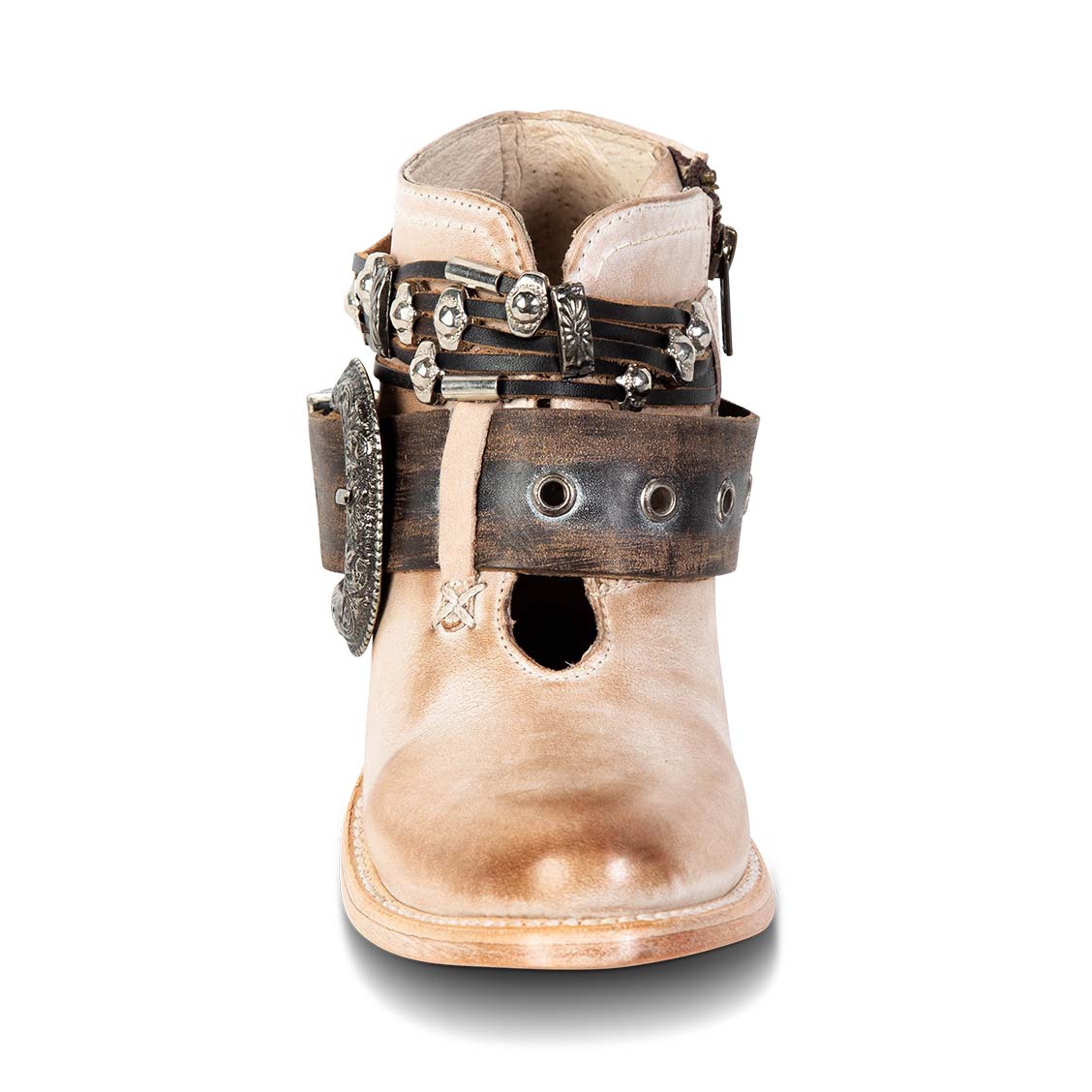 Front view showing front cut-out and embellished western belts on FREEBIRD women's Saloon taupe bootie
