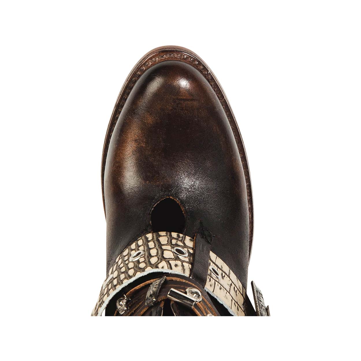 Top view showing almond toe on FREEBIRD women's Saloon black leather bootie