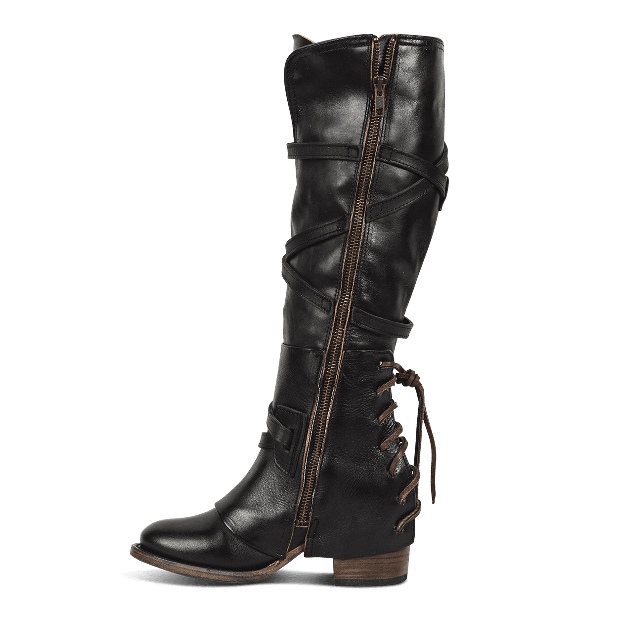 Inside view showing working brass zip closure and leather shaft straps on FREEBIRD women's Cassius black tall leather boot