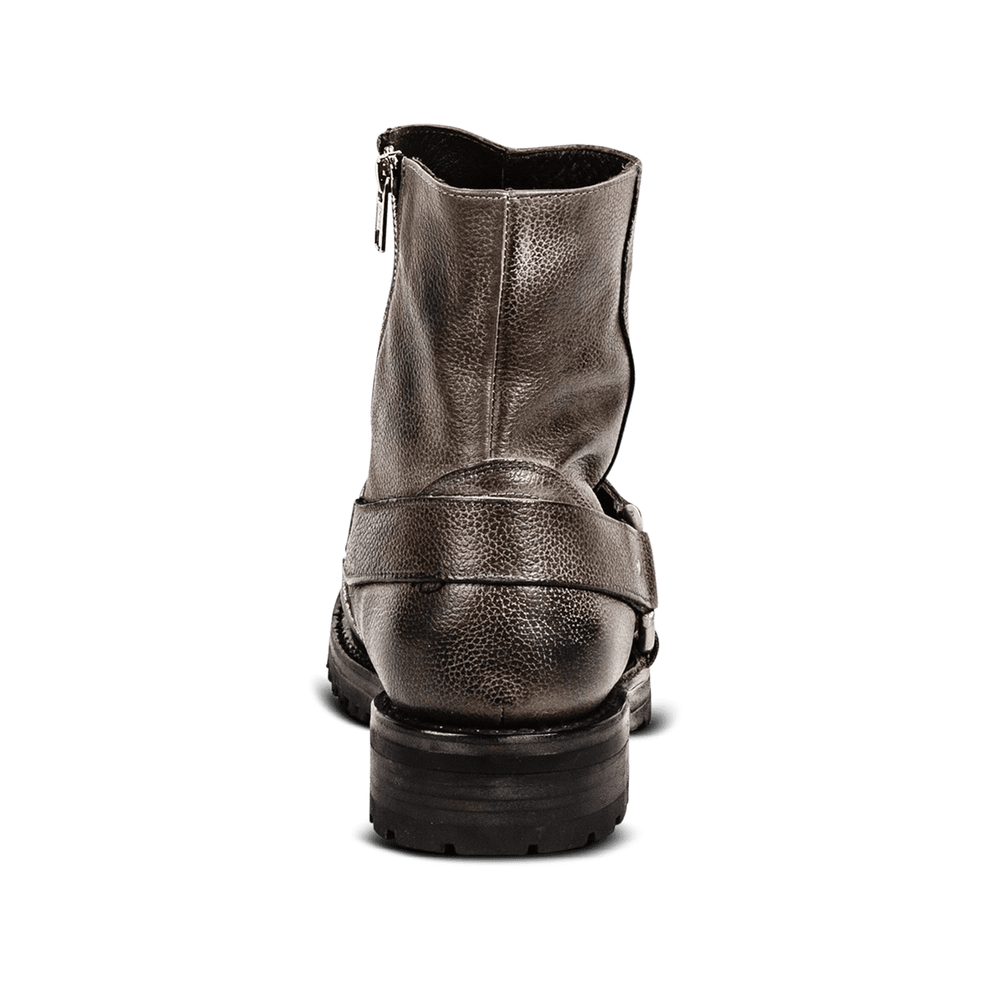 Back view showing leather strap and silver hardware on FREEBIRD men's Ozzie stone boot