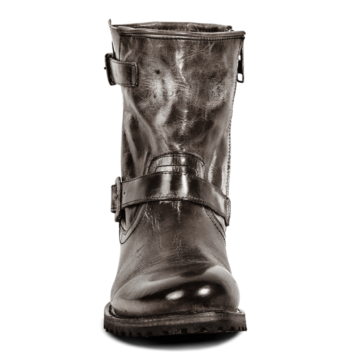 Front view showing rounded toe and ankle belt on FREEBIRD men’s Rocco stone biker boot