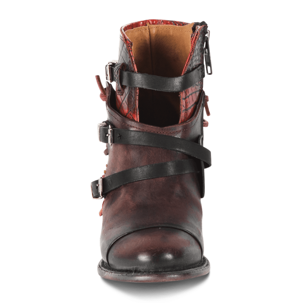 Front view showing cutout and leather ankle straps on FREEBIRD women's Crue wine multi leather bootie