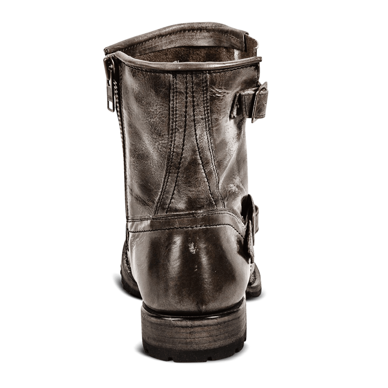 Back view showing wood heel with tread on FREEBIRD men's Rocco stone leather boot