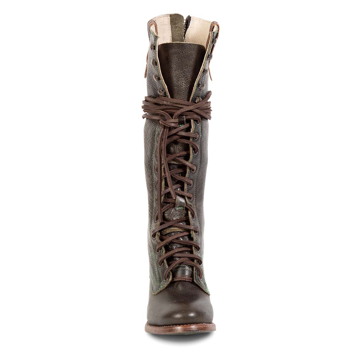 Front view showing full shaft adjustable front lace closure with with leather laces on FREEBIRD women's Grany olive tall boot