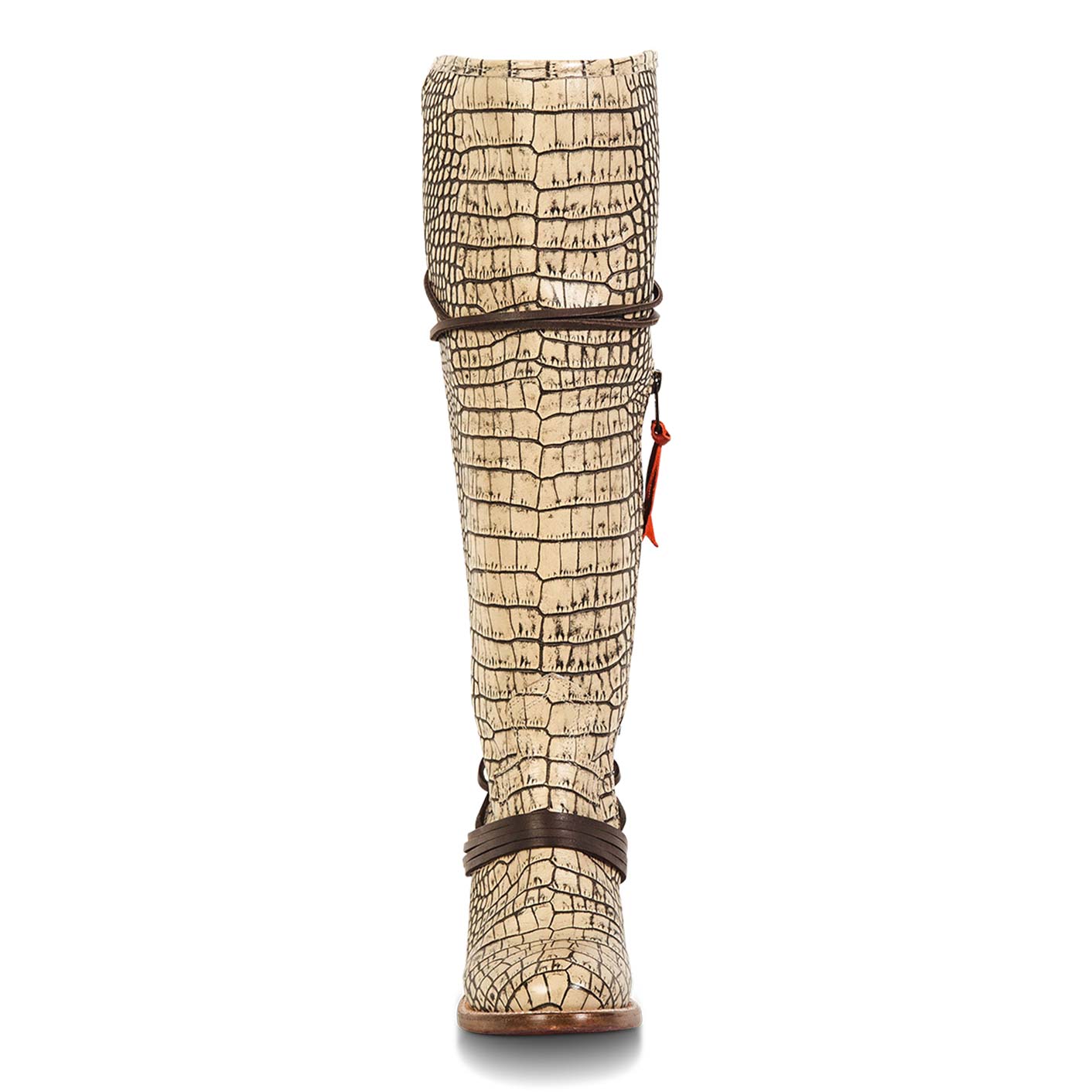 Front view showing shaft stitch detailing and wrap around lacing on FREEBIRD women's Coal beige croco tall boot